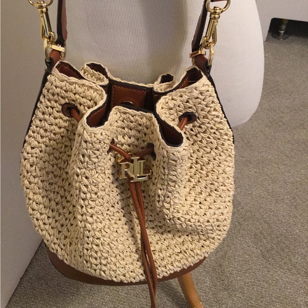 Lauren by RALPH LAUREN “Andie”Bucket Drawstring Straw & Leather Crossbody NWOT - Picture 9 of 16
